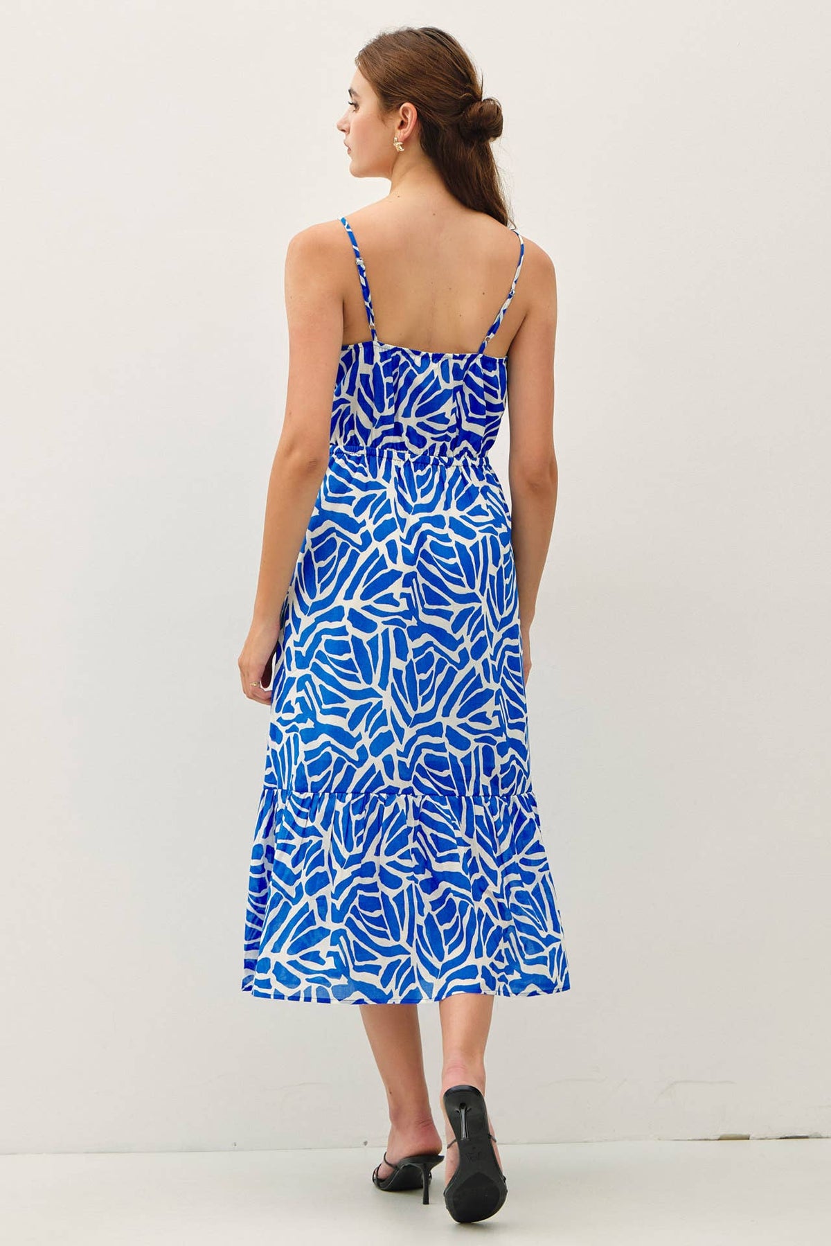 GEO PRINTED COTTON MIDI DRESS W/ BANDING AT WAIST