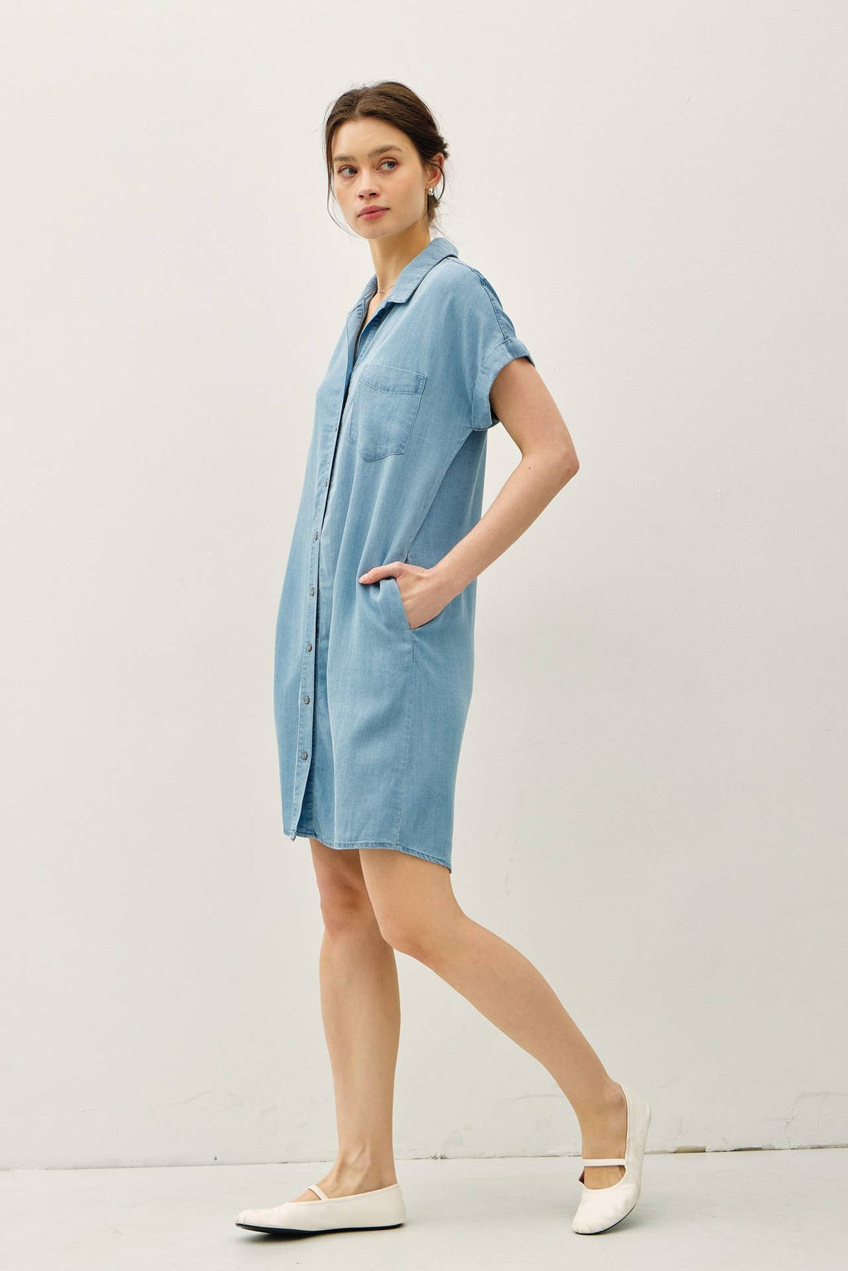 DENIM WASH BUTTON DOWN TENCEL DRESS