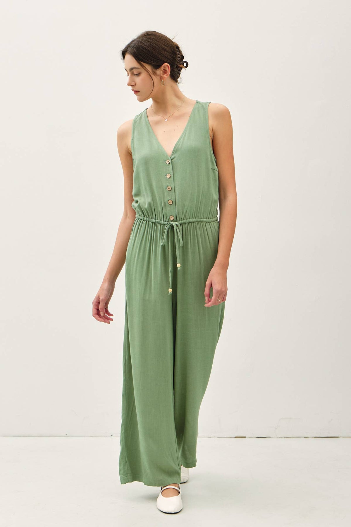BUTTON UP V-NECK JUMPSUIT