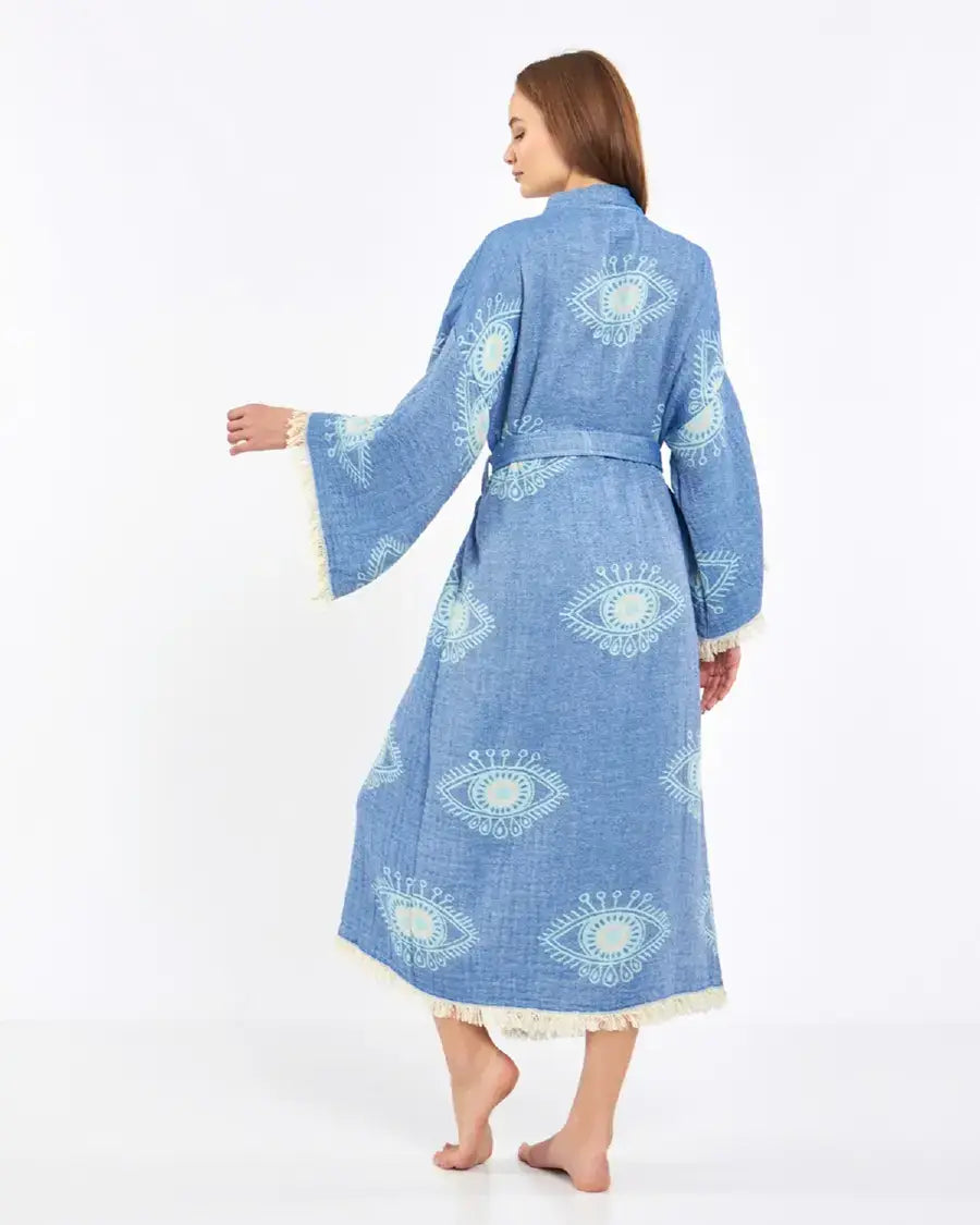 Blue Evil Eye Kimono, Long Cotton Robe, Cotton Kafthan