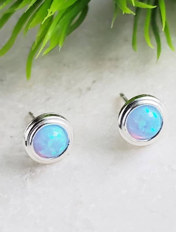 Silver Fire Opal Bezel Studs - Azure Blue