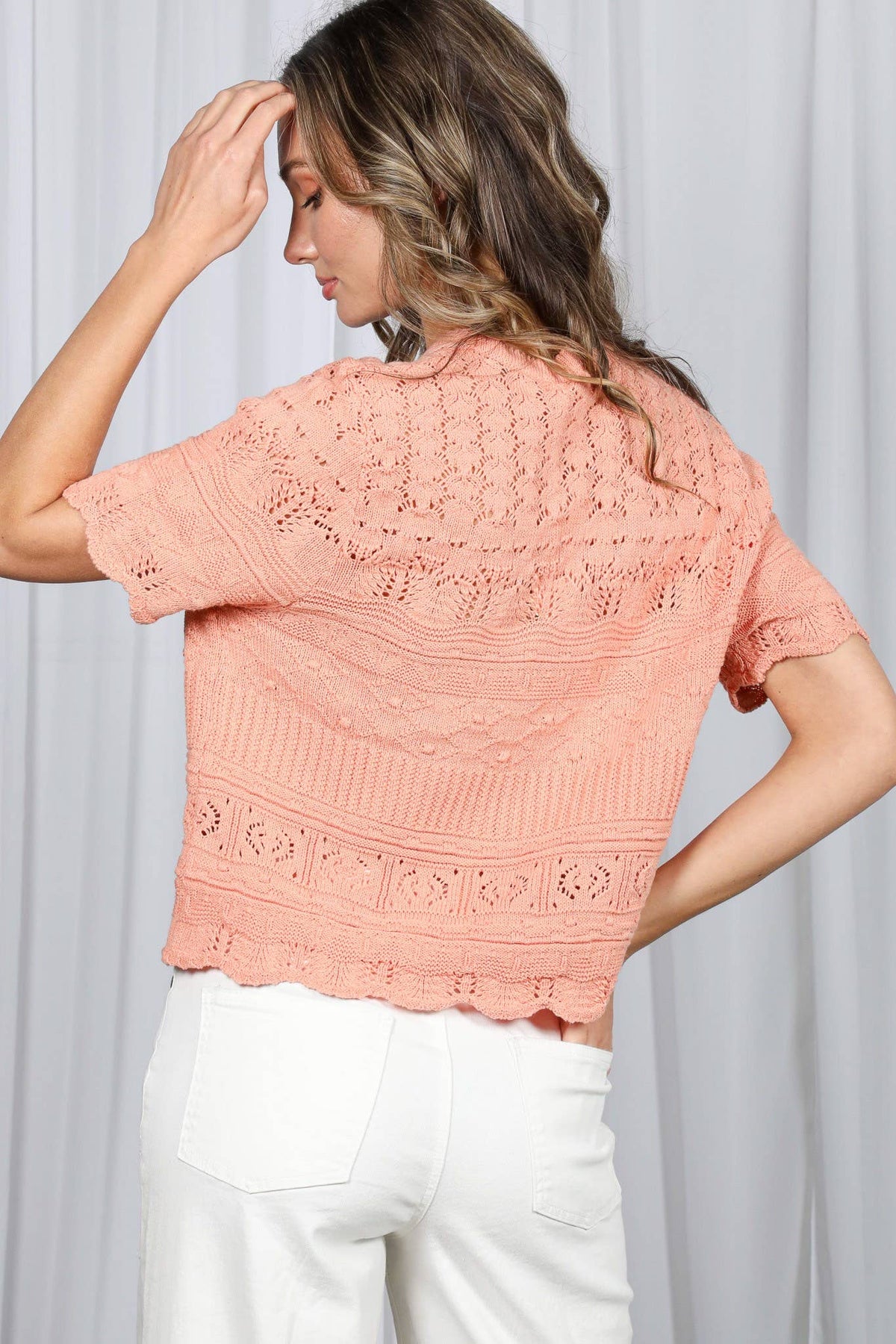 Textured 100% Cotton Crochet Casual Knitted Sweater VT82922