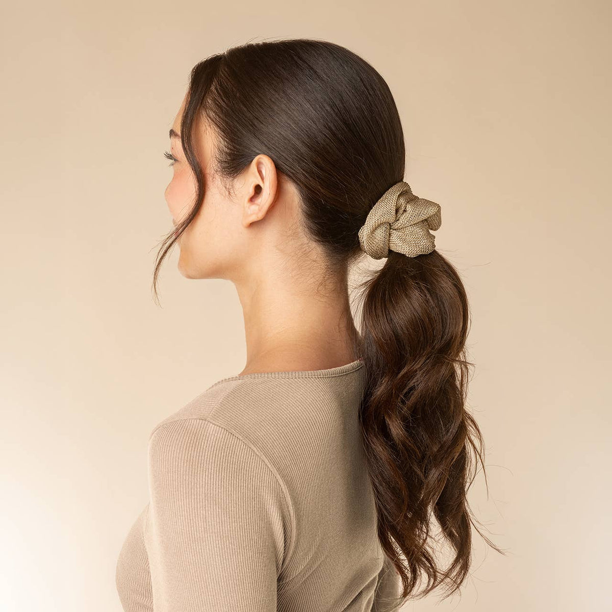 Metallic Mesh and Recycled Fabric Satin Scrunchies 2pc Set - Cream & Gold