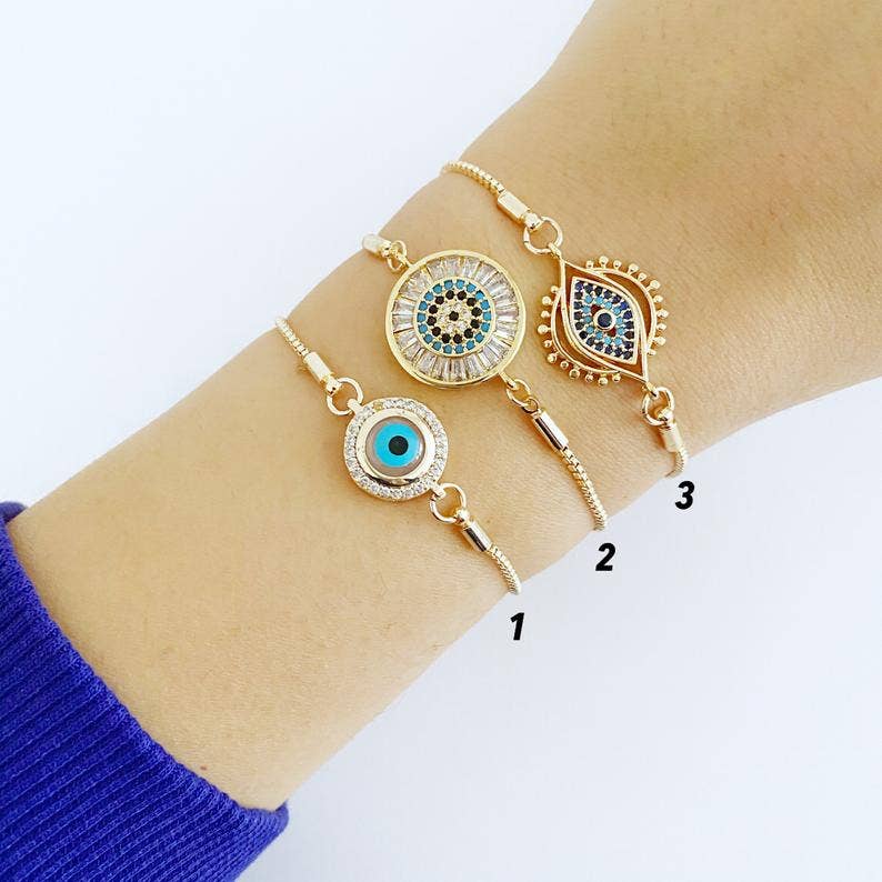 Evil Eye Bracelet, Adjustable Bracelet, Cz Bracelet