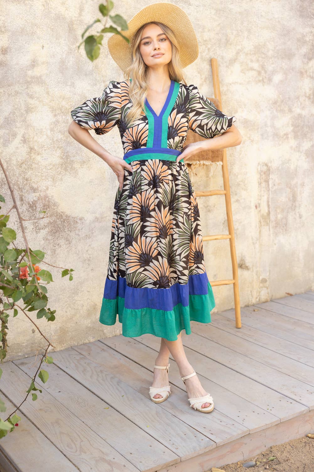 Summer Palm Print Contrast Color Block Midi Dress