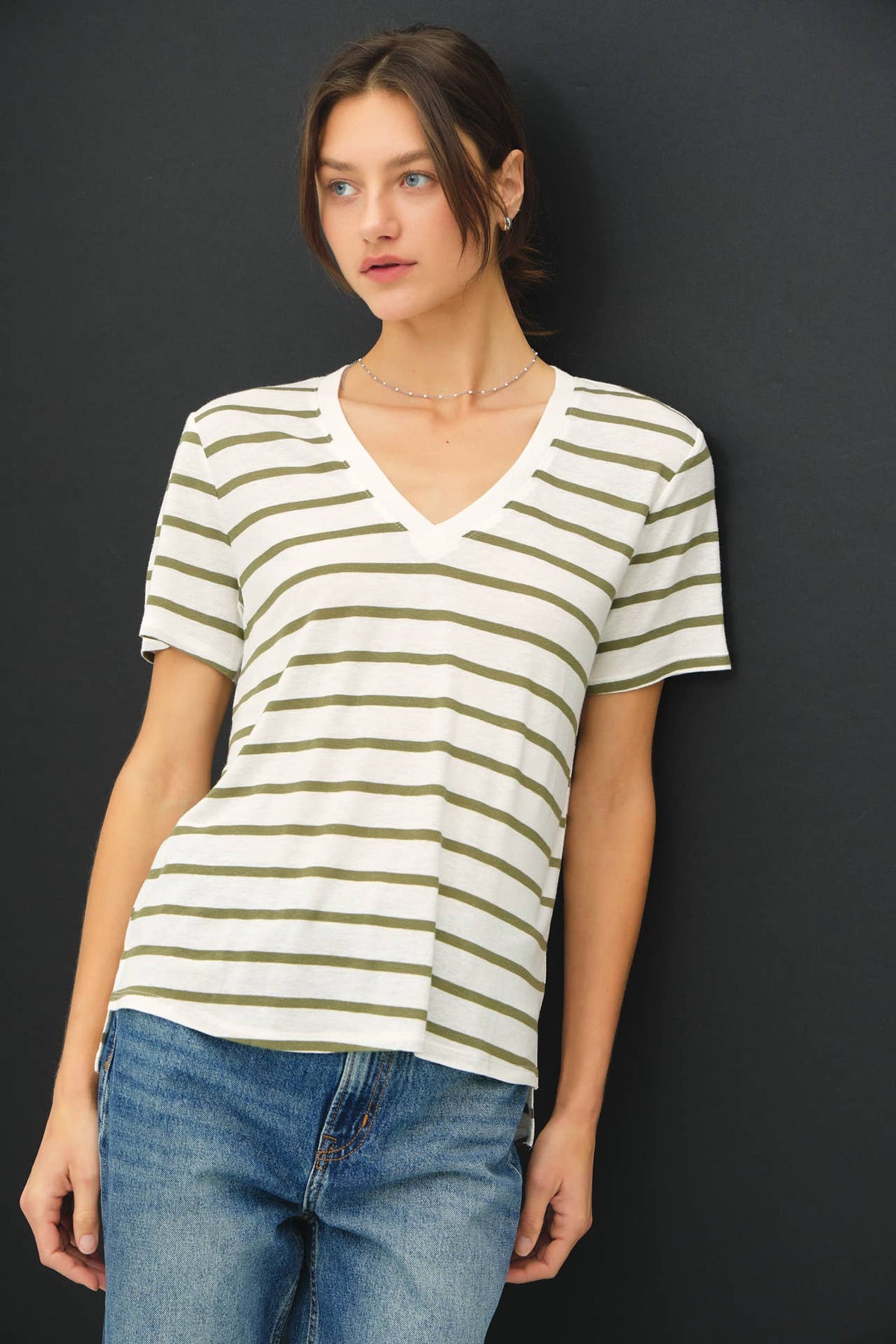 COTTON LINEN BLEND RELAXED FIT STRIPED T-SHIRT