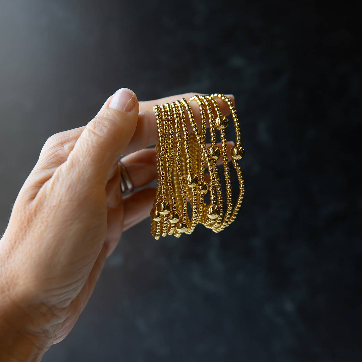 Gold Beaded Bracelets-Uno, Smooth, Gilded Stretch Bracelets