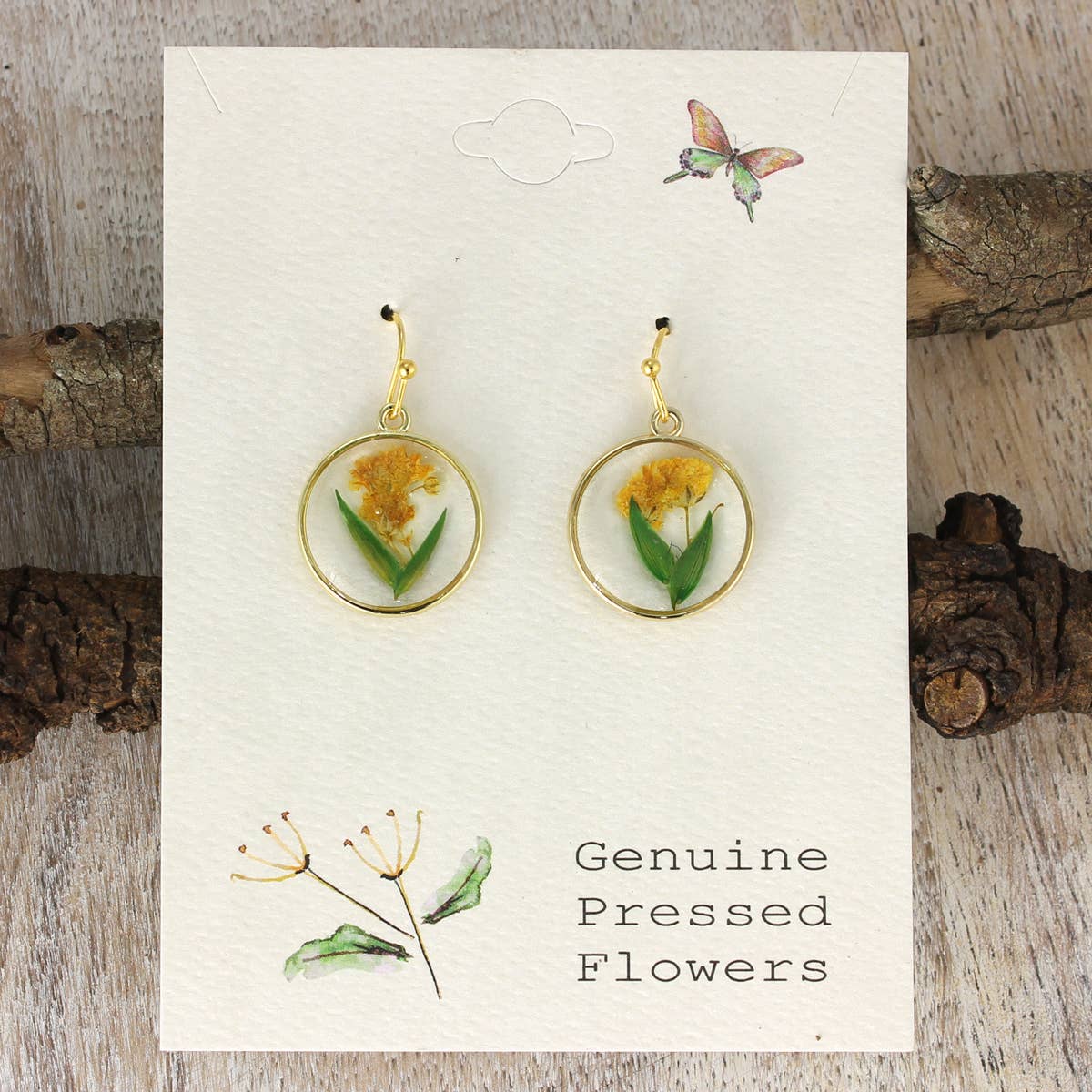 Cottage Yellow Green Dried Flower Round Earrings One Amazing