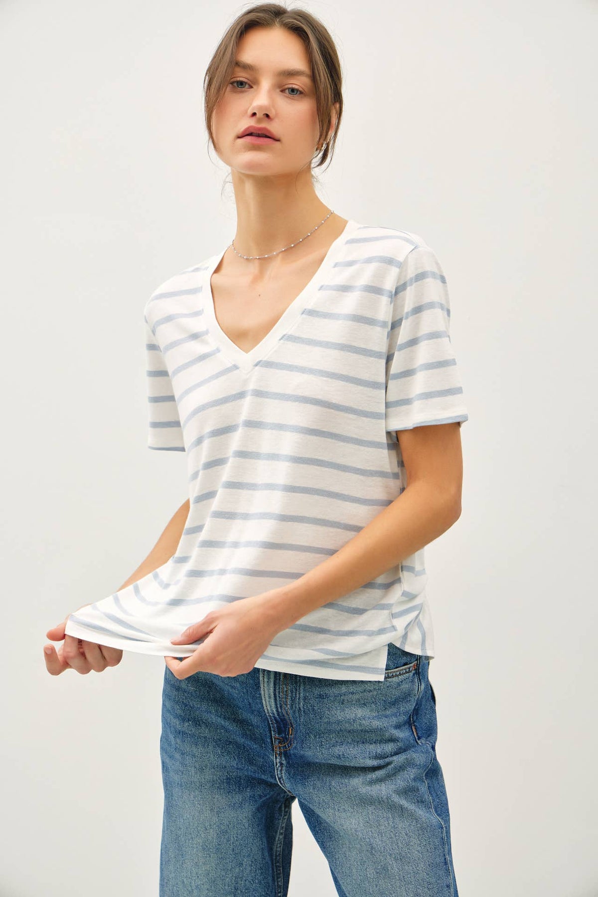 COTTON LINEN BLEND RELAXED FIT STRIPED T-SHIRT