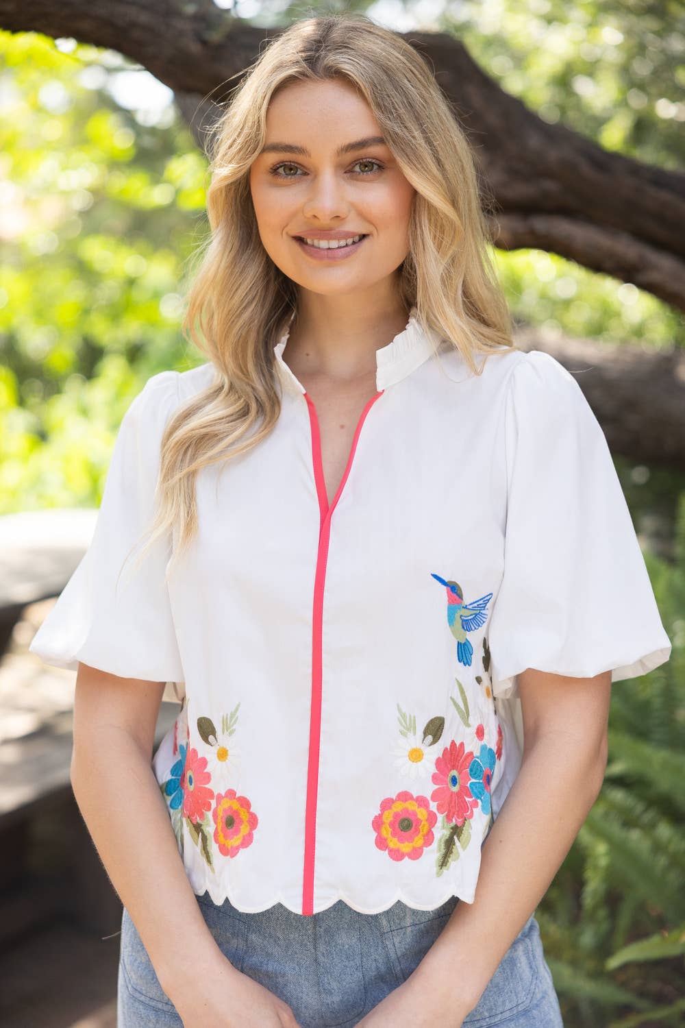 36952 Pipping Detail Floral Hummingbird Embroidered Top