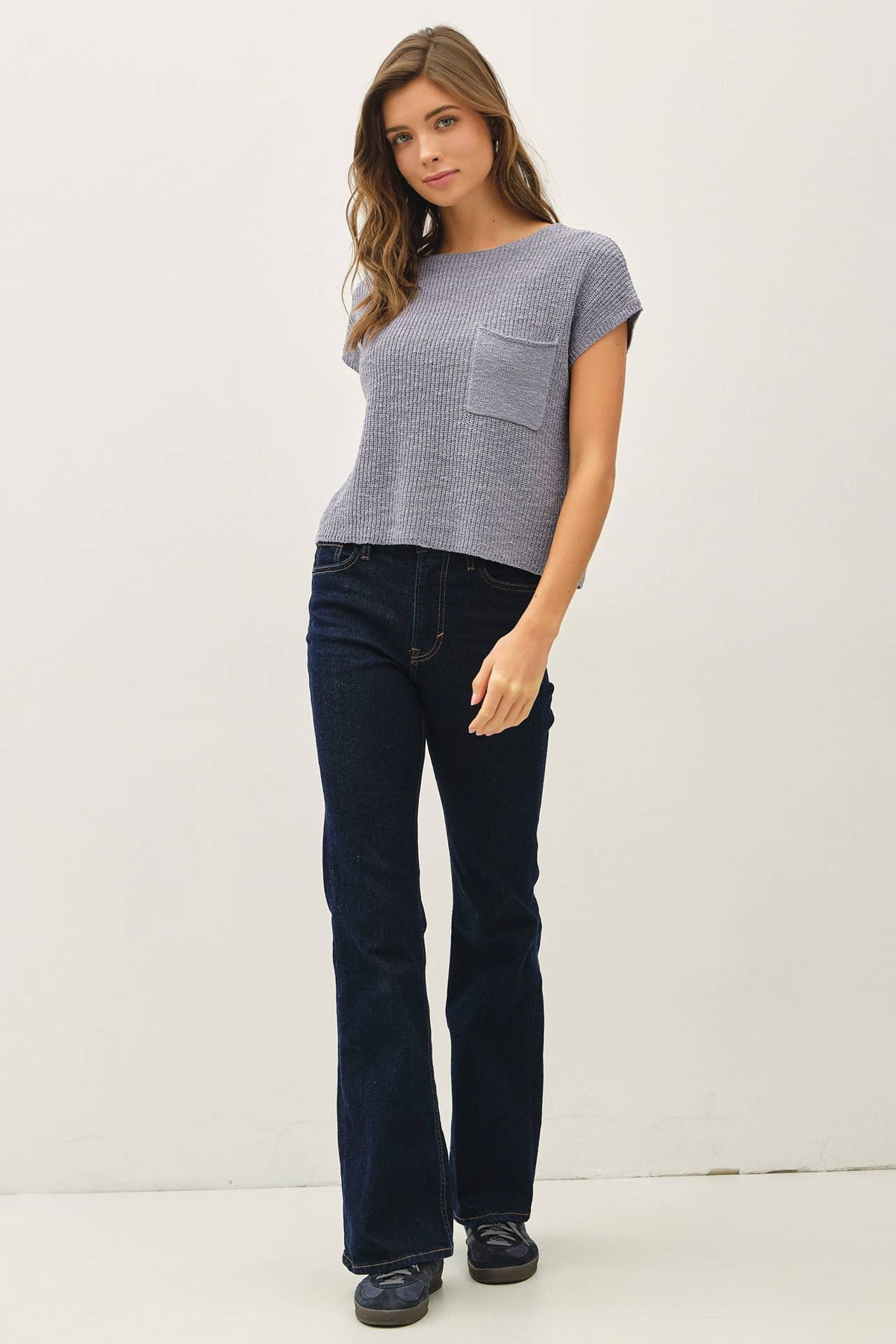 POCKET DOLMAN CAP SLEEVE BOXY KNIT