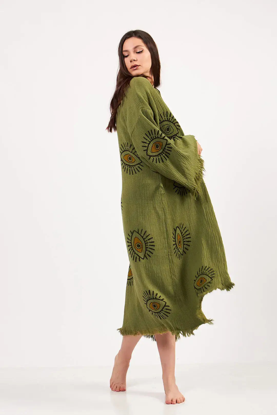 Green Evil Eye Kimono, Cotton Kaftan Kimono, Evil Eye Robes