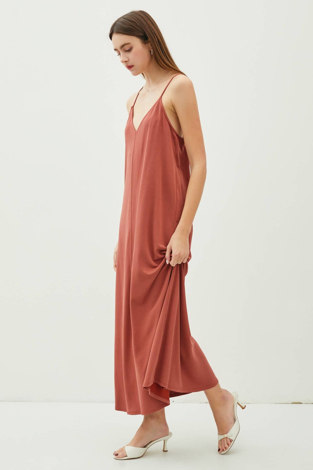 MODAL V-NECK RACERBACK ADJUSTABLE STRAP MAXI DRESS