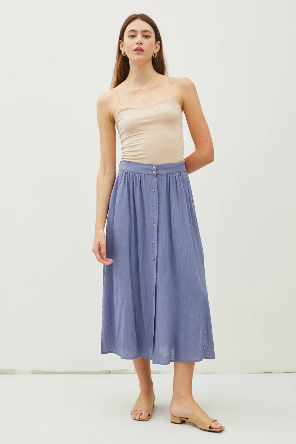 LINEN BLEND BUTTON FRONT MIDI SKIRT