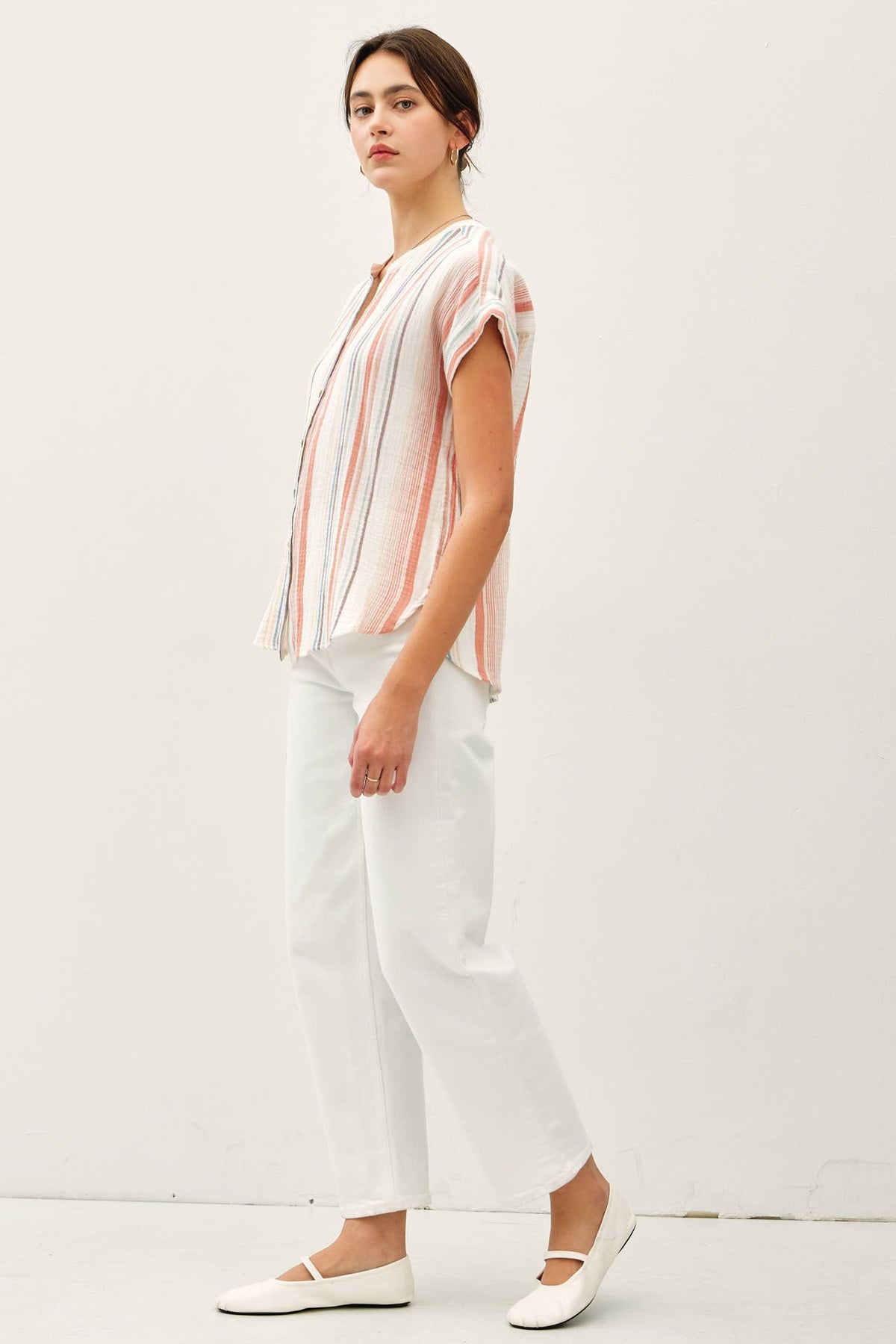 STRIPED, GAUZY BUTTON UP CAP SLEEVE TOP
