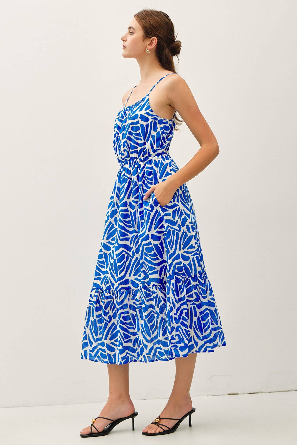 GEO PRINTED COTTON MIDI DRESS W/ BANDING AT WAIST