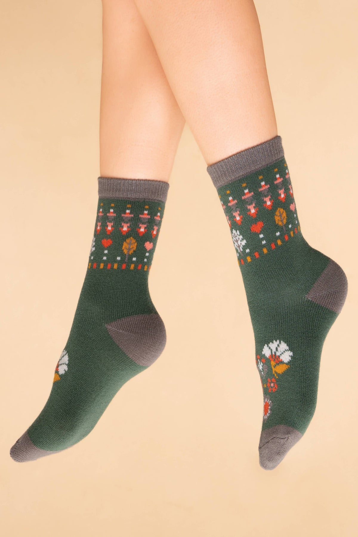 Art Deco Floral Knitted Socks - Olive