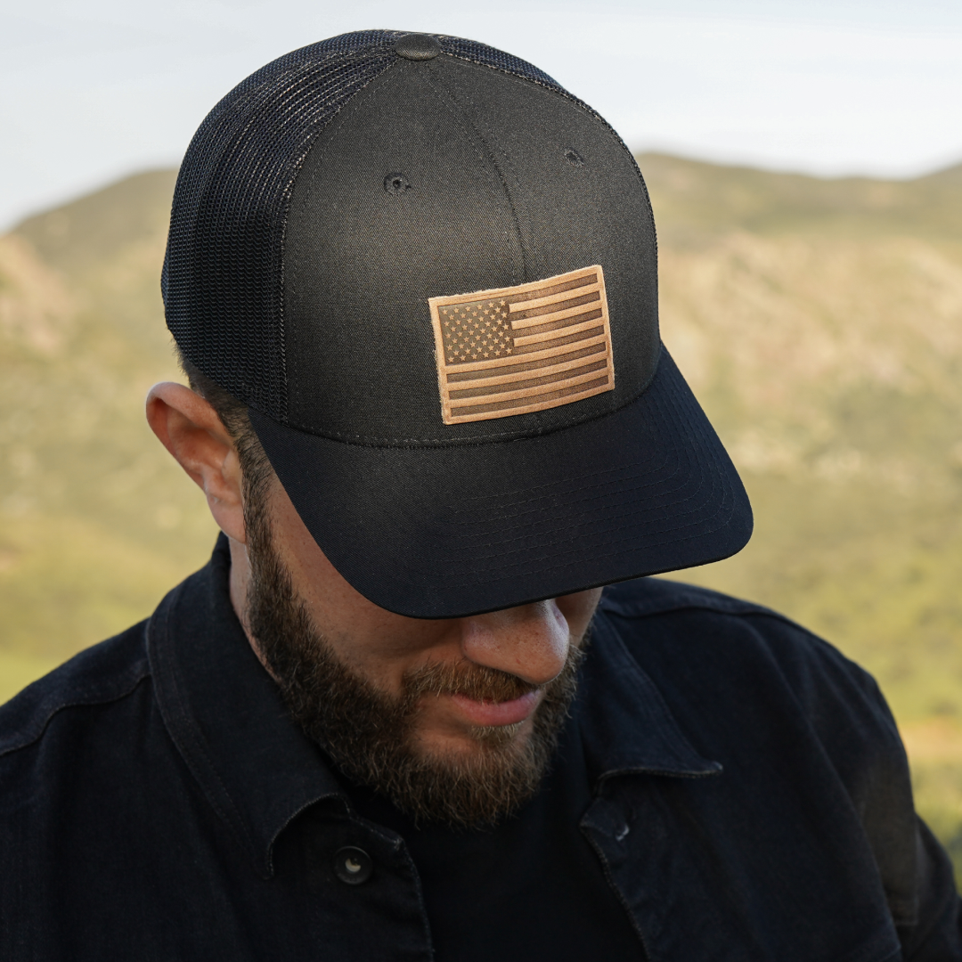 American Flag Hat - Leather Patch Trucker Snapback