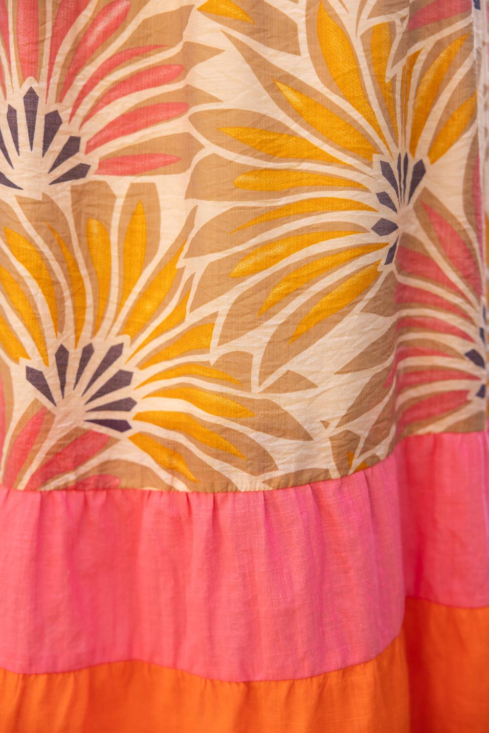 Summer Palm Print Contrast Color Block Midi Dress