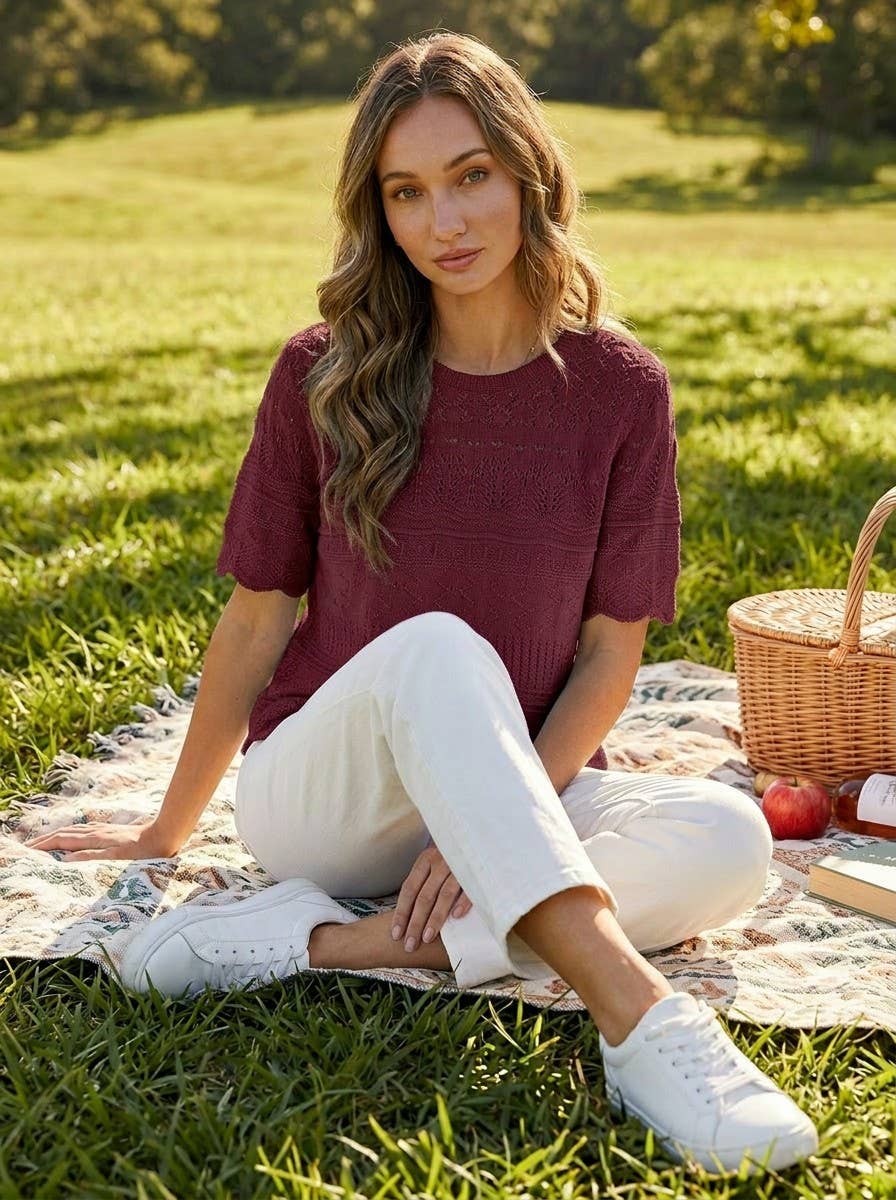 Textured 100% Cotton Crochet Casual Knitted Sweater VT82922