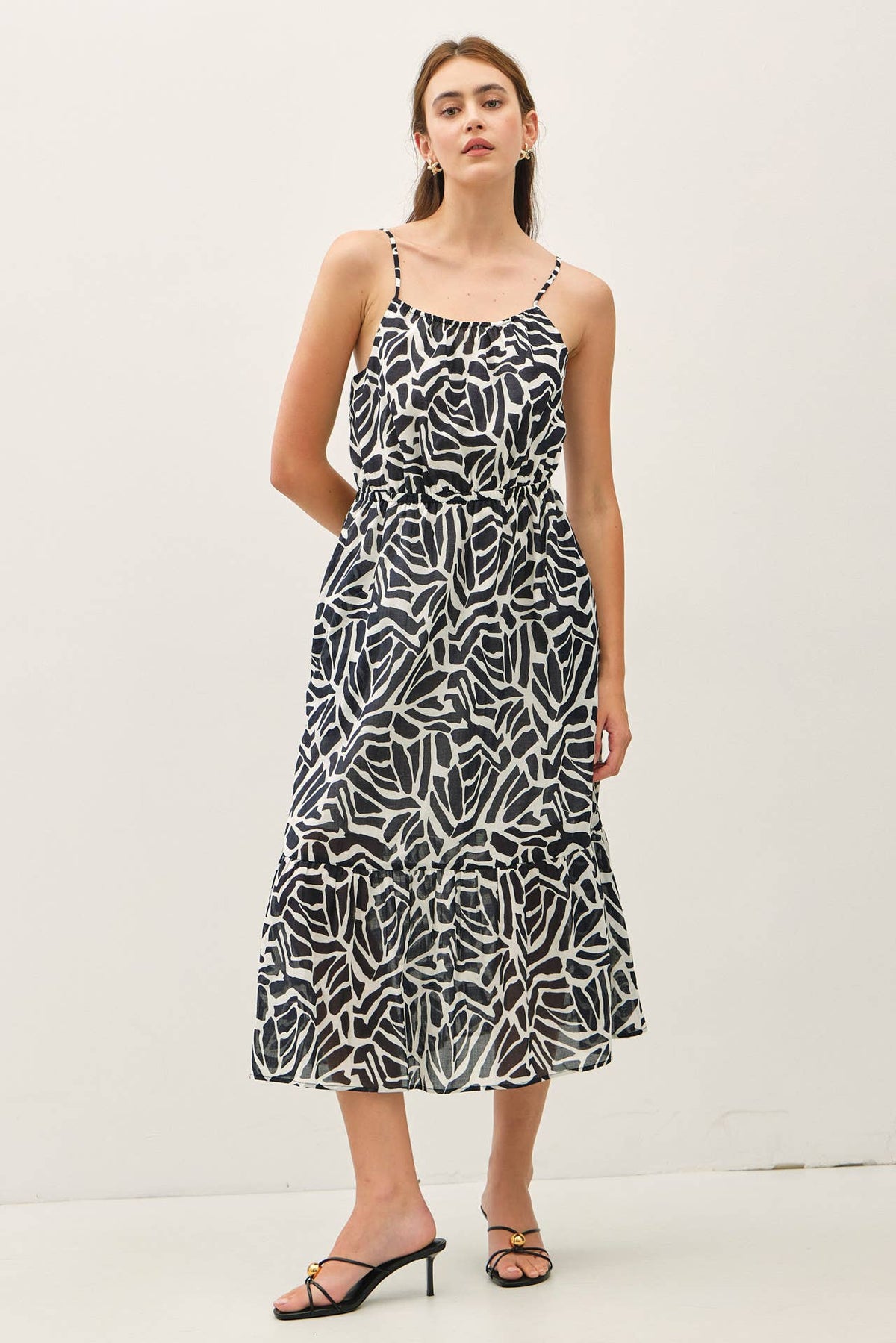 GEO PRINTED COTTON MIDI DRESS W/ BANDING AT WAIST