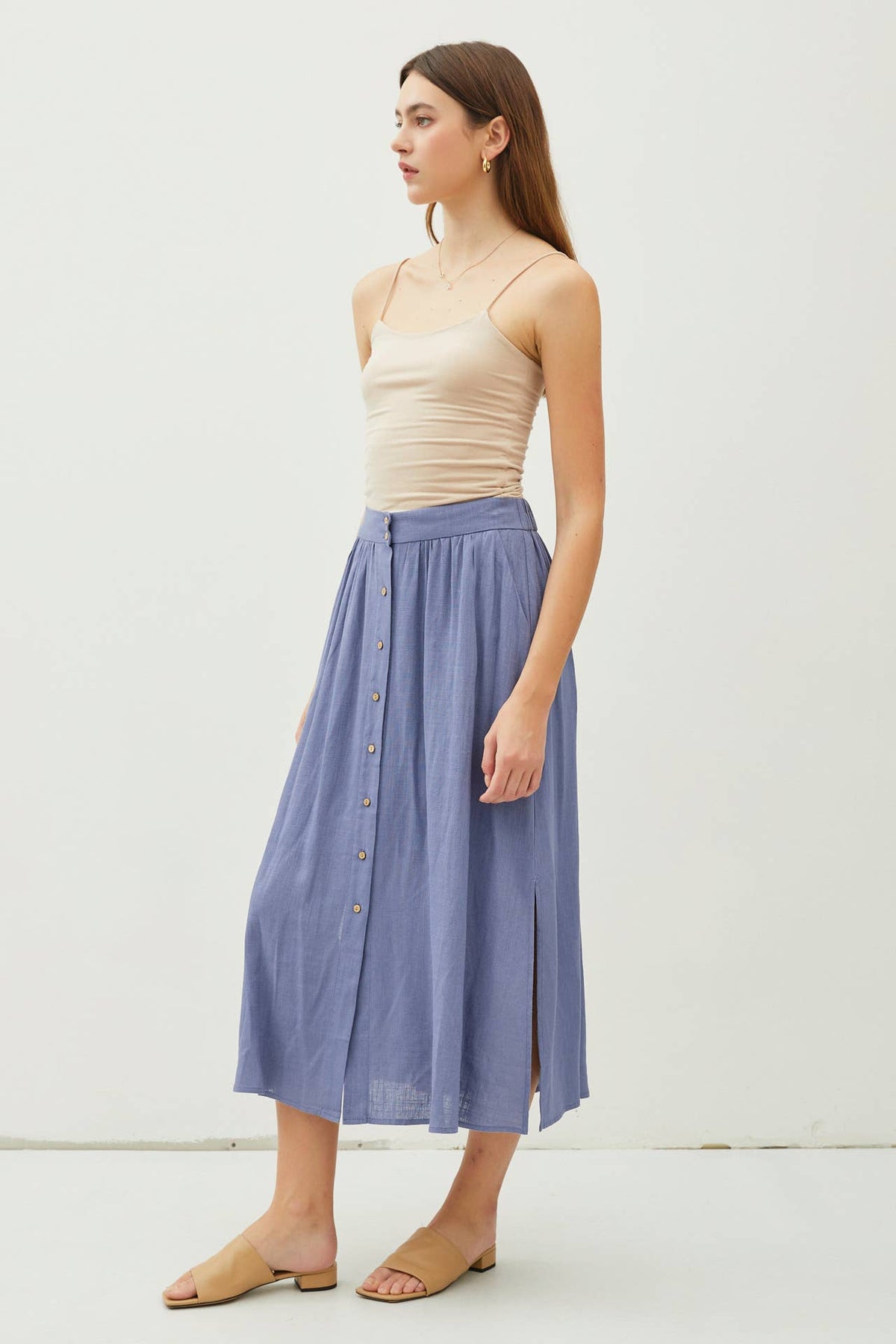 LINEN BLEND BUTTON FRONT MIDI SKIRT
