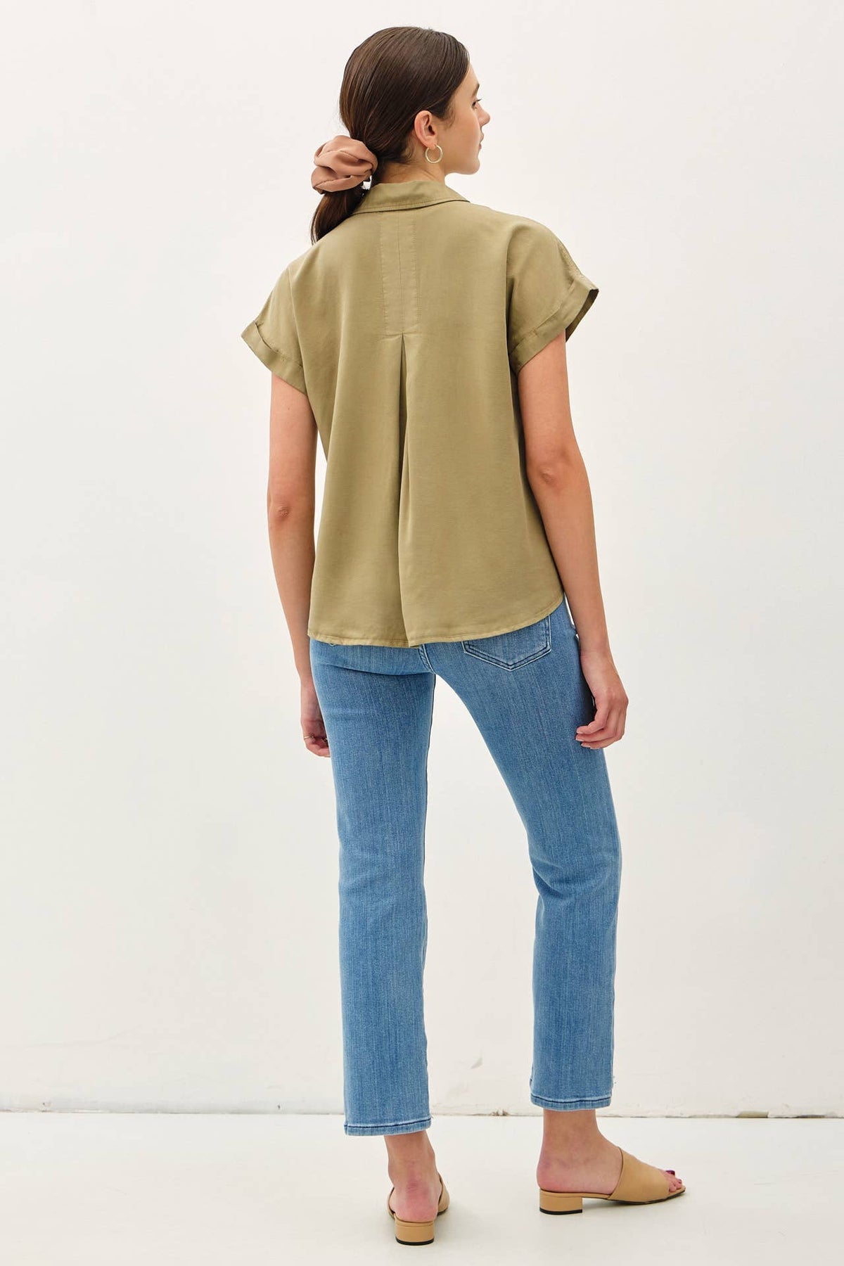 TENCEL SHORT DOLMAN SLEEVE BUTTON DOWN SHIRT