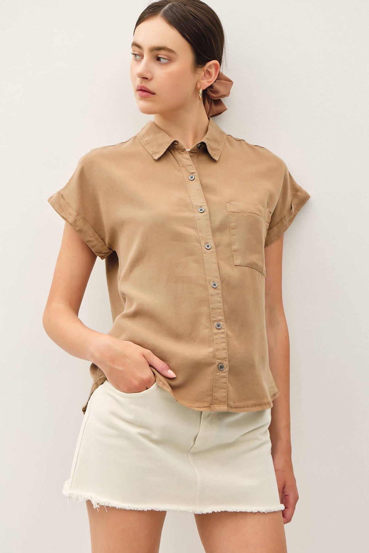 TENCEL SHORT DOLMAN SLEEVE BUTTON DOWN SHIRT