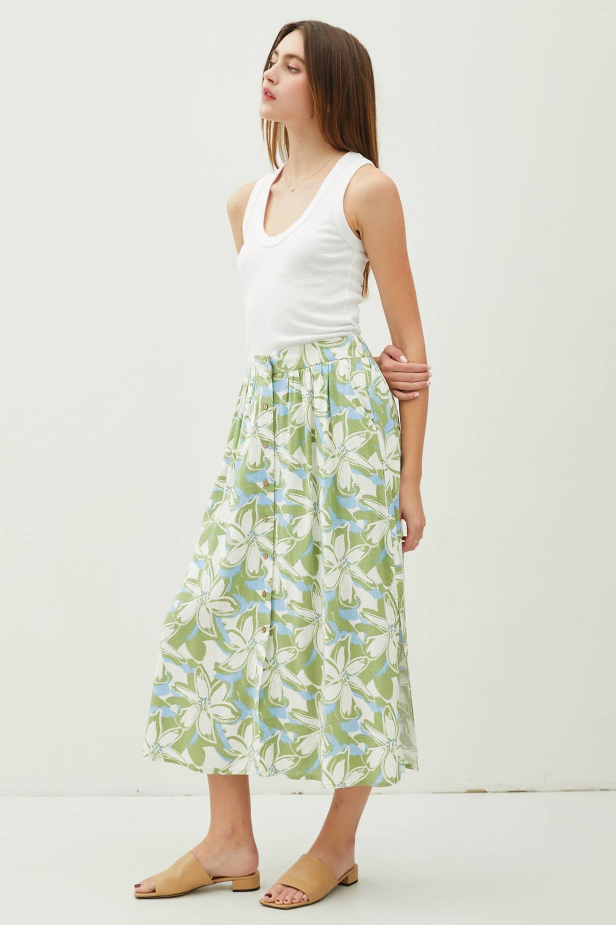 LINEN BLEND BUTTON FRONT MIDI SKIRT