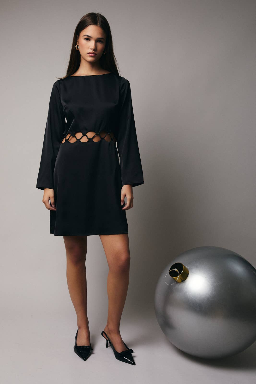 BOAT NECK LONG BELL SLEEVE CUT OUT DETAIL DRESS