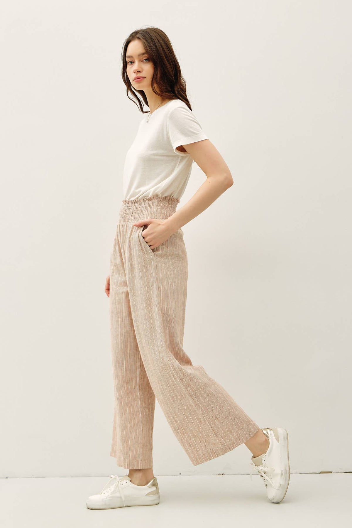 STRIPED LINEN BLEND WIDE LEG PANTS