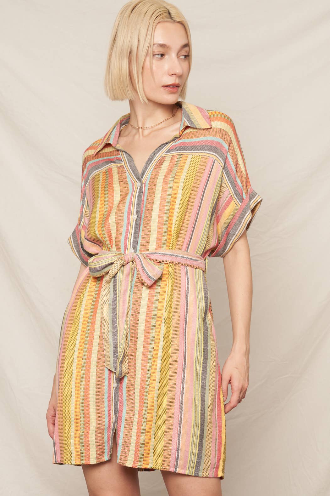 Multicolor Striped Belted Mini Shirt Dress