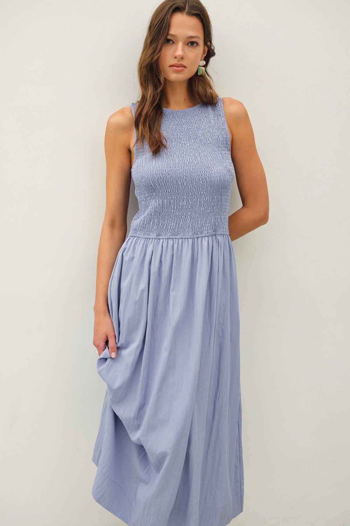 SMOCKED BODICE BOATNECK TANK MIDI DRESS