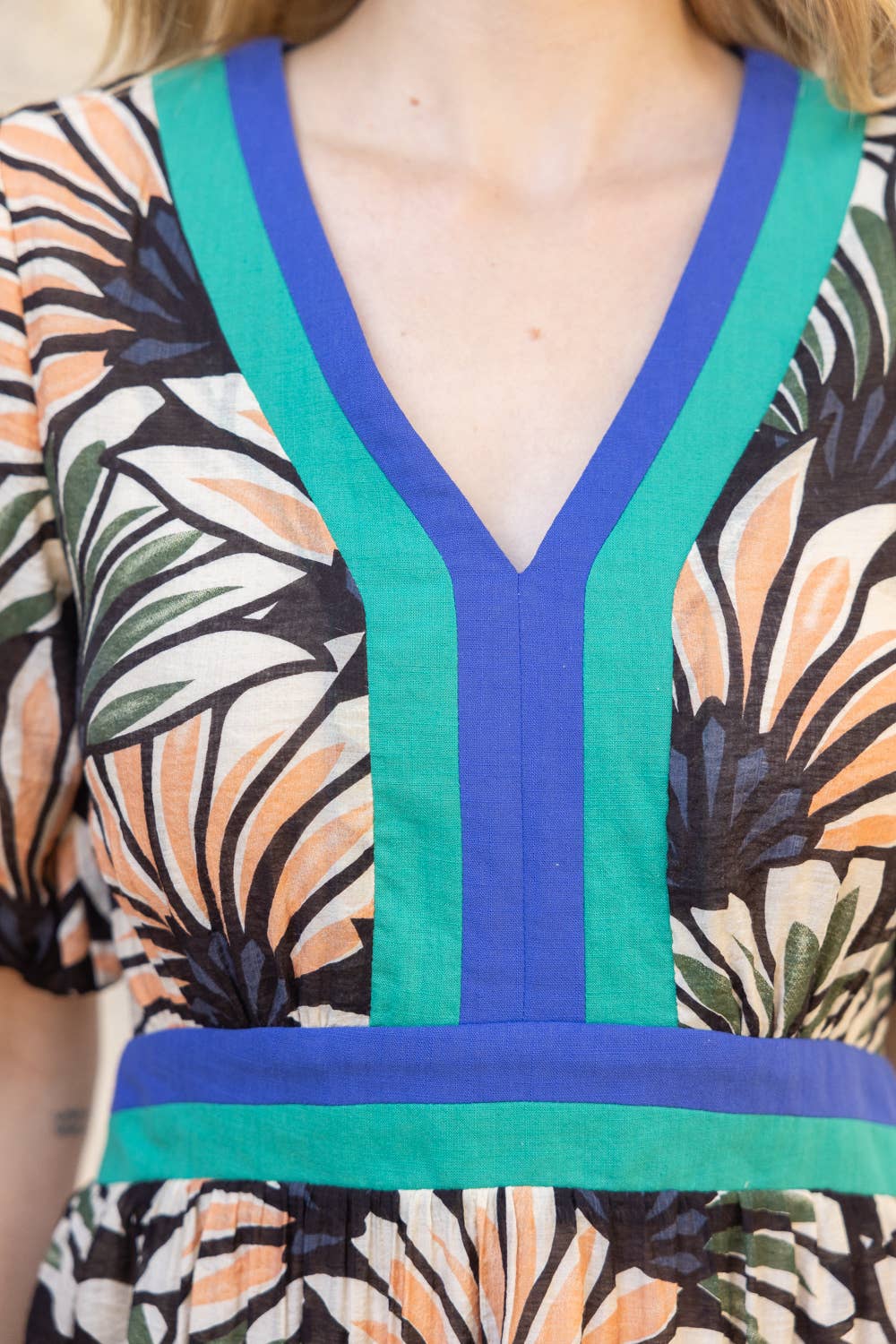 Summer Palm Print Contrast Color Block Midi Dress
