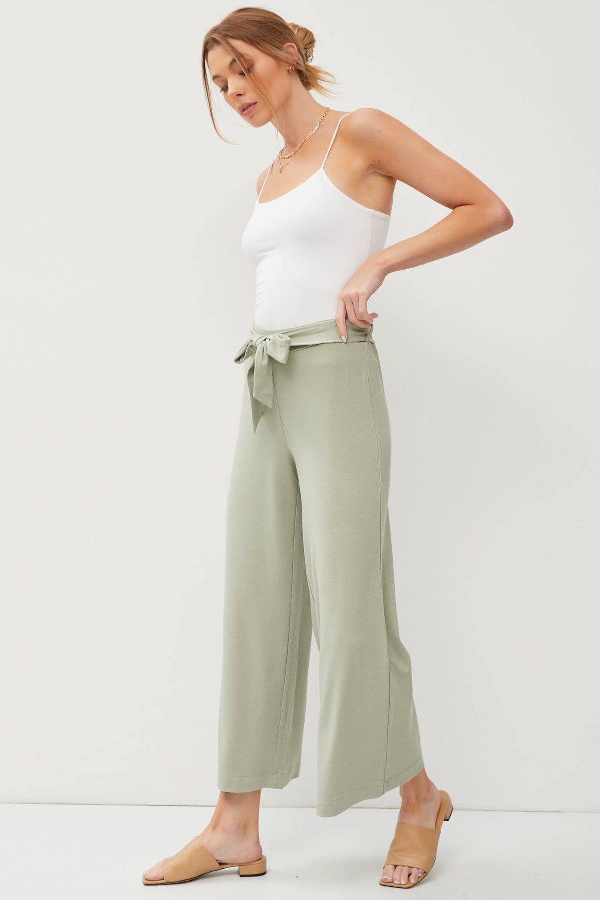 TIE BOW STRETCH CROP WIDE LEG PANTS