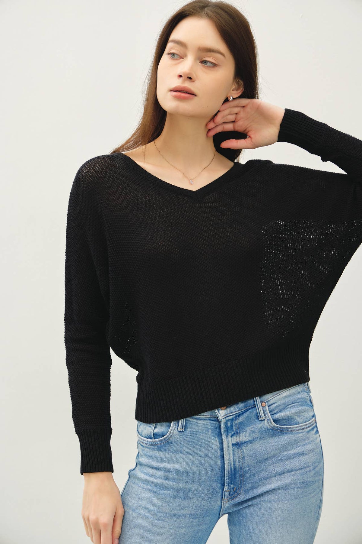 DOUBLE V-NECK BACK BUTTON  DOWN SWEATER