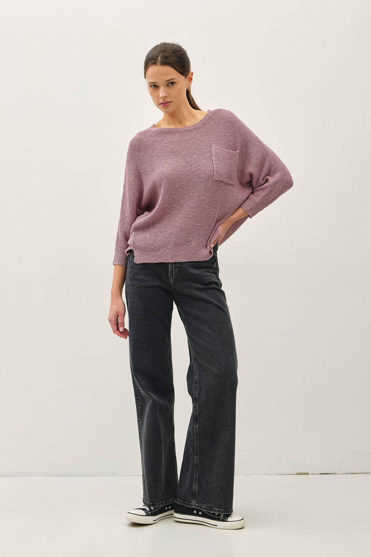 NEW COLOR-FRONT POCKET DOLMAN LONG SLEEVE KNIT SWEATER