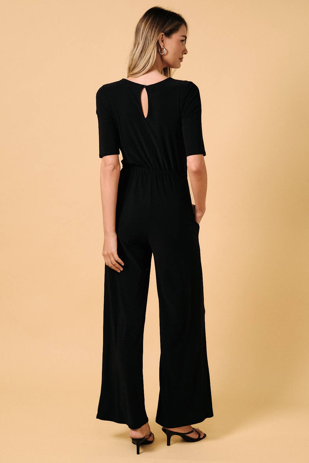 V NECK ELBOW SLEEVE SURPLICE WRAP BODICE WIDE LEG JUMPSUIT