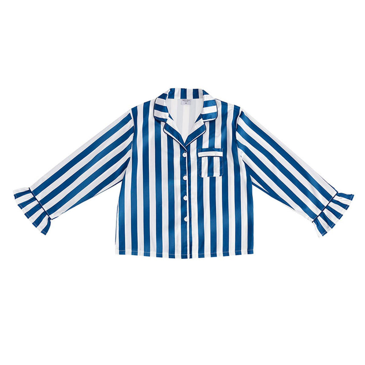 Ruffle Short PJ Set With Velvet Tie - Blue Stripe