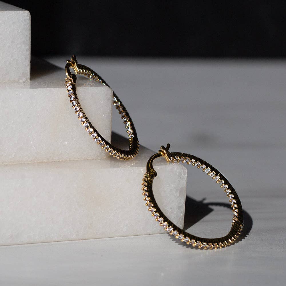 Gilded Gold Earrings-Rhinestone Hoops | Earrings for Women