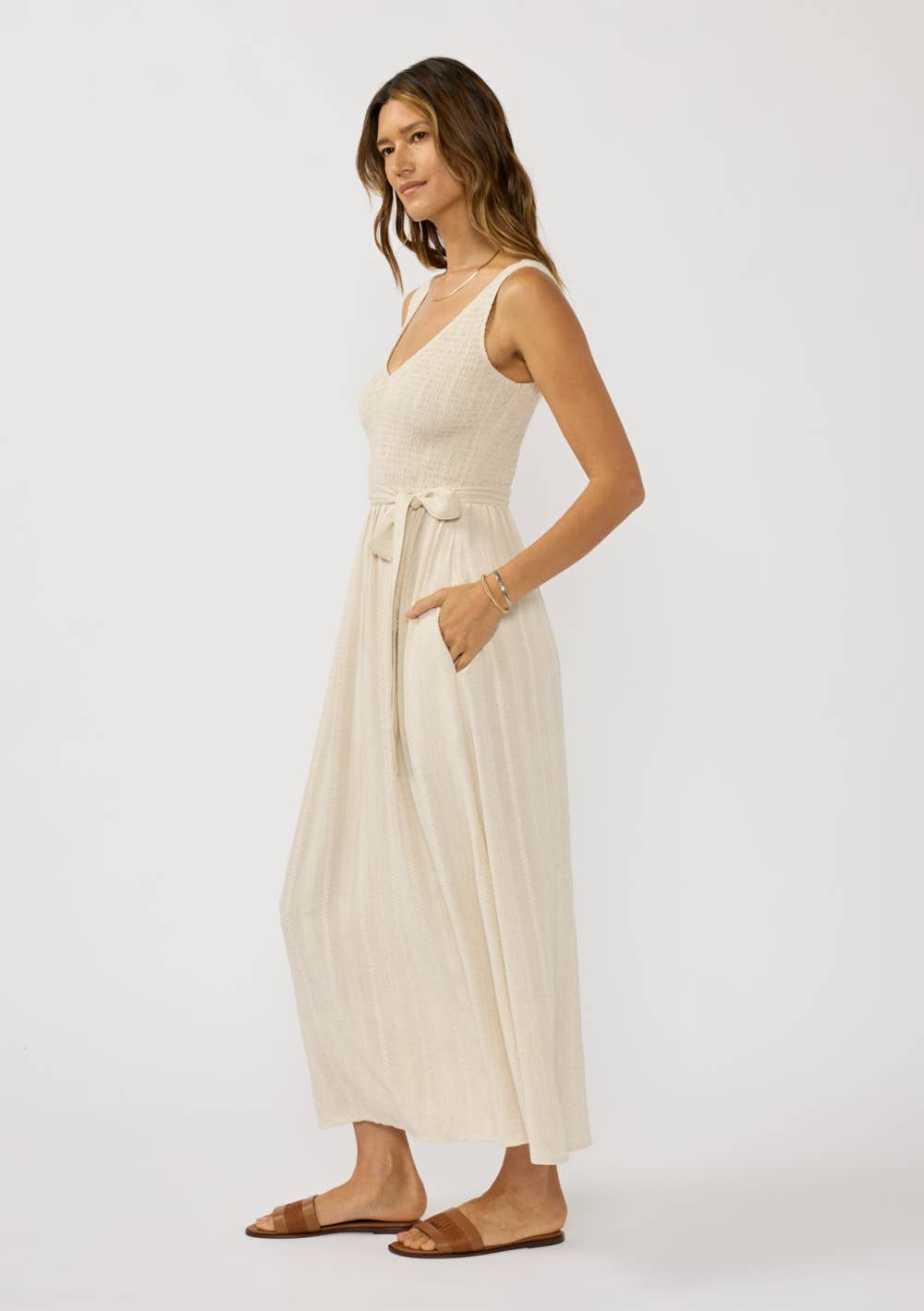 Sleeveless V Neck Smocked Bodice Midi Dress