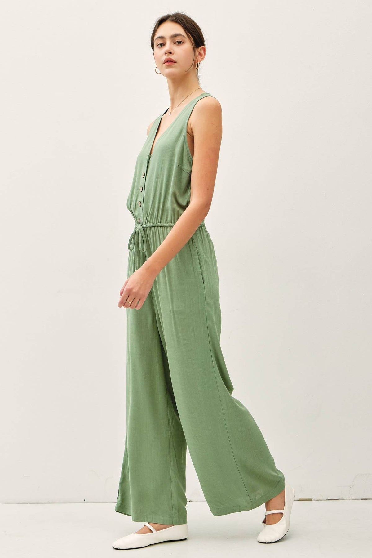 BUTTON UP V-NECK JUMPSUIT