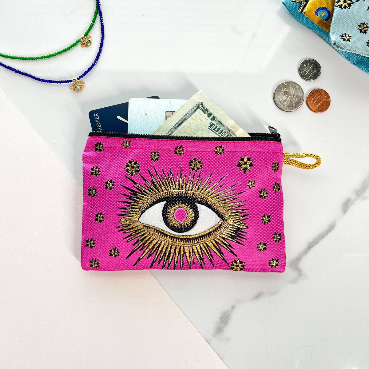 Pink Coin Purse, Evil Eye Pouch, Handmade Coin Purse