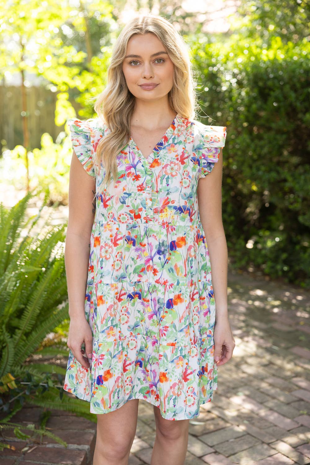 36741 Ruffle Details Tiered Floral Dress