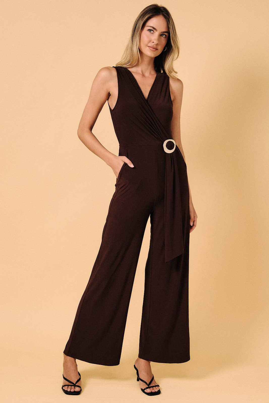SURPLICE V NECK DRAPED WAIST WITH GOLD HARDWEAR JUMPSUIT