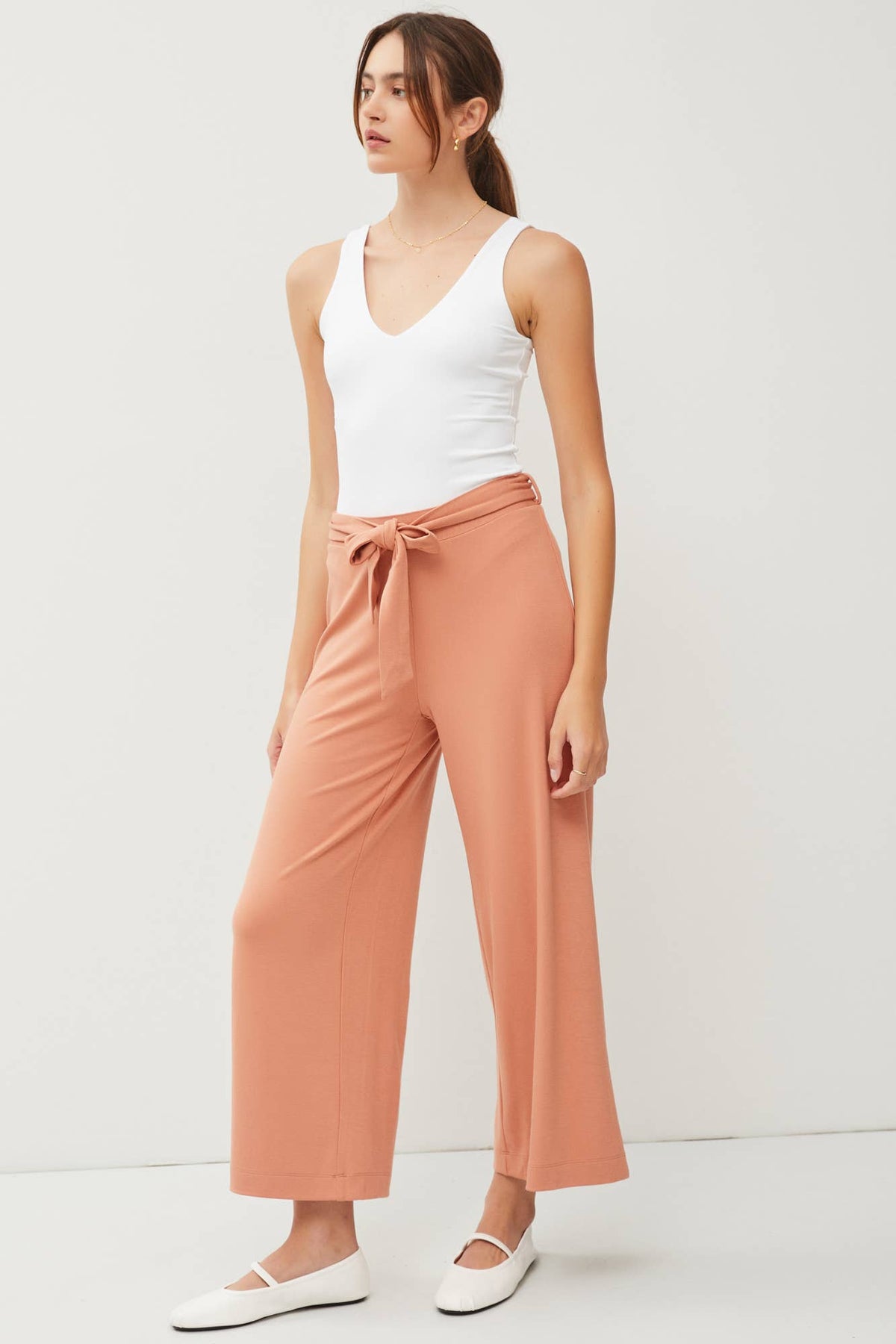 TIE BOW STRETCH CROP WIDE LEG PANTS