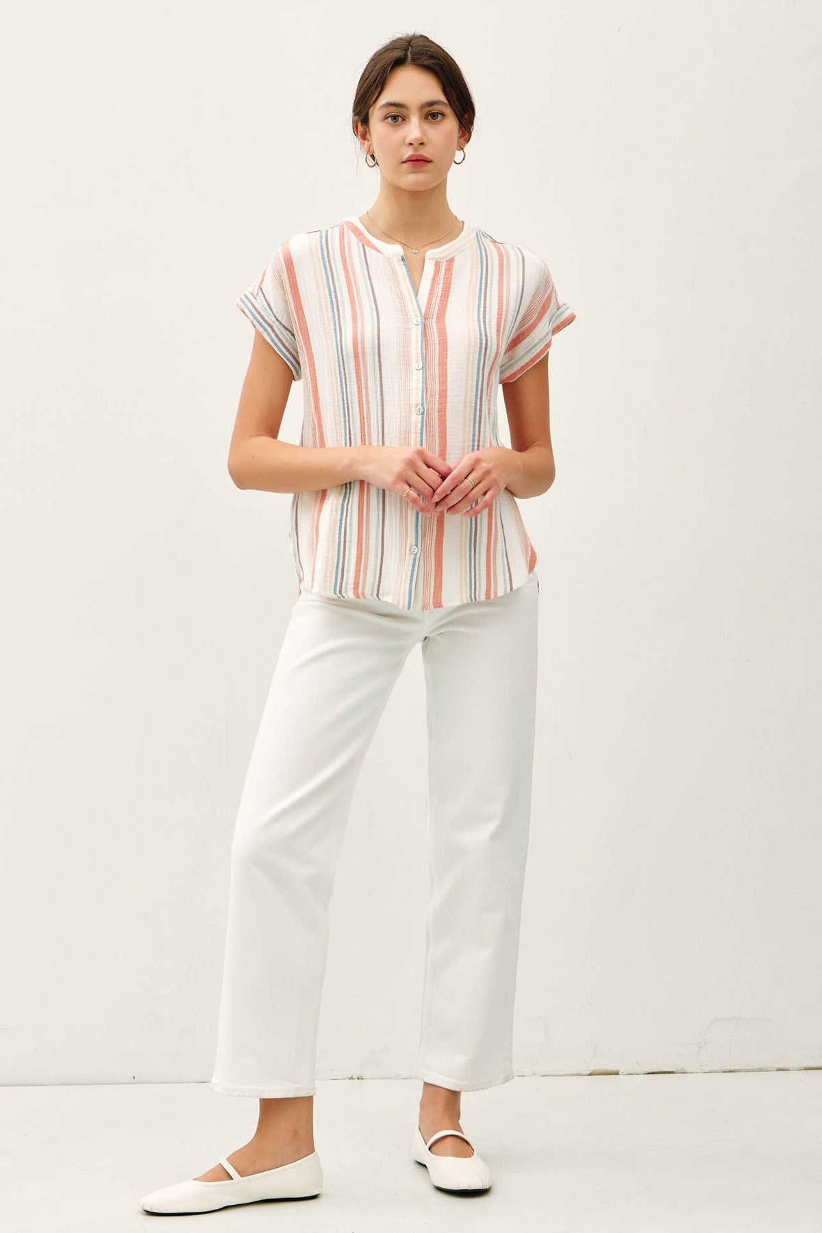 STRIPED, GAUZY BUTTON UP CAP SLEEVE TOP