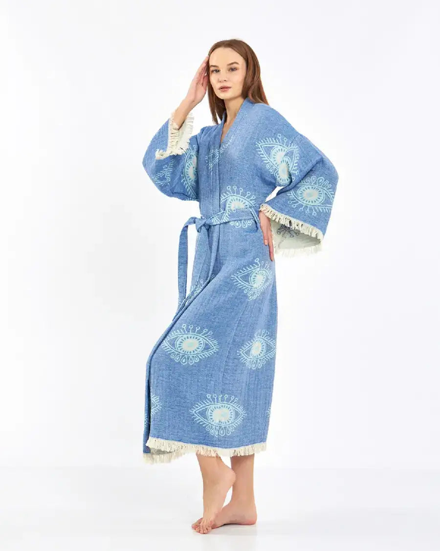 Blue Evil Eye Kimono, Long Cotton Robe, Cotton Kafthan