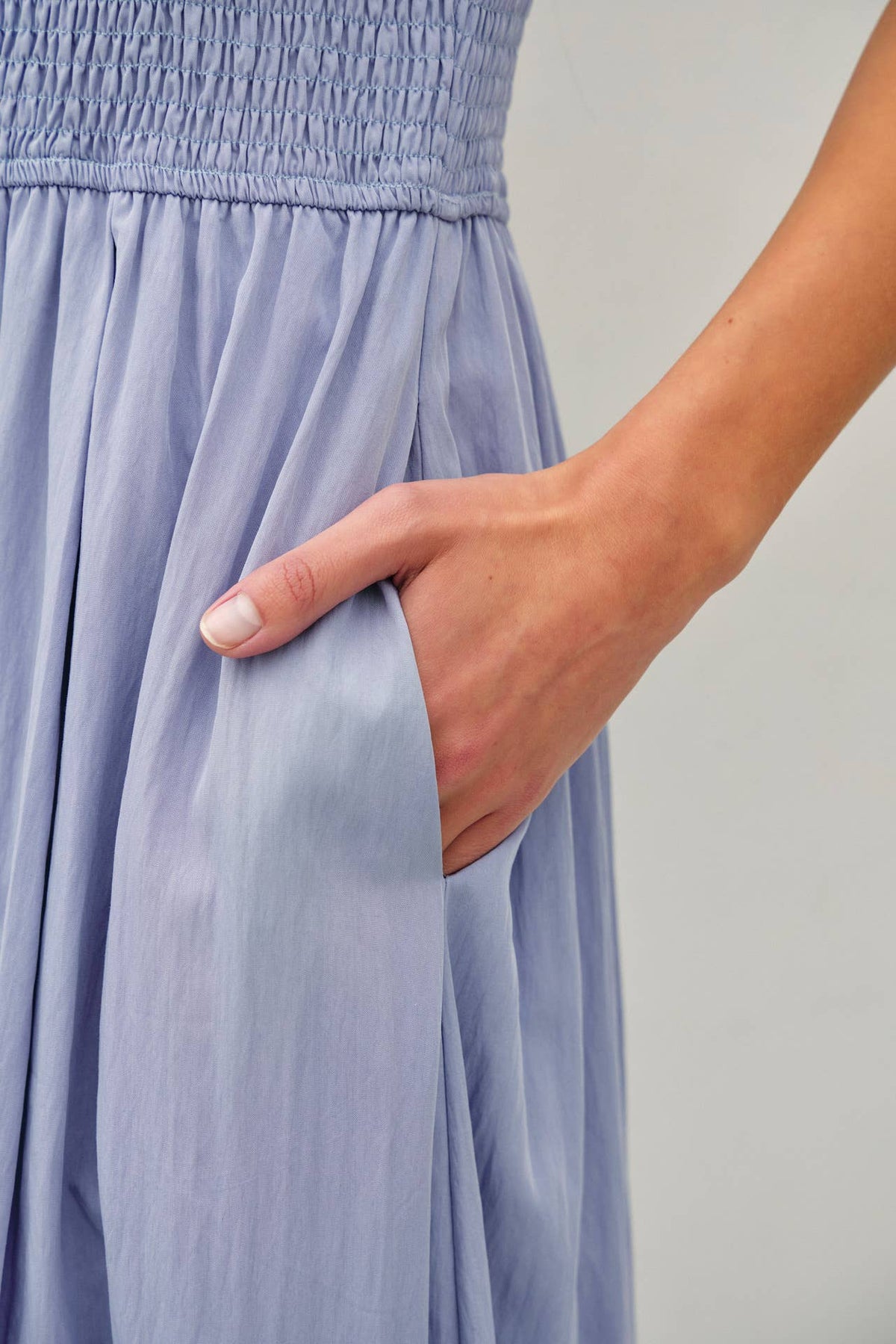 SMOCKED BODICE BOATNECK TANK MIDI DRESS