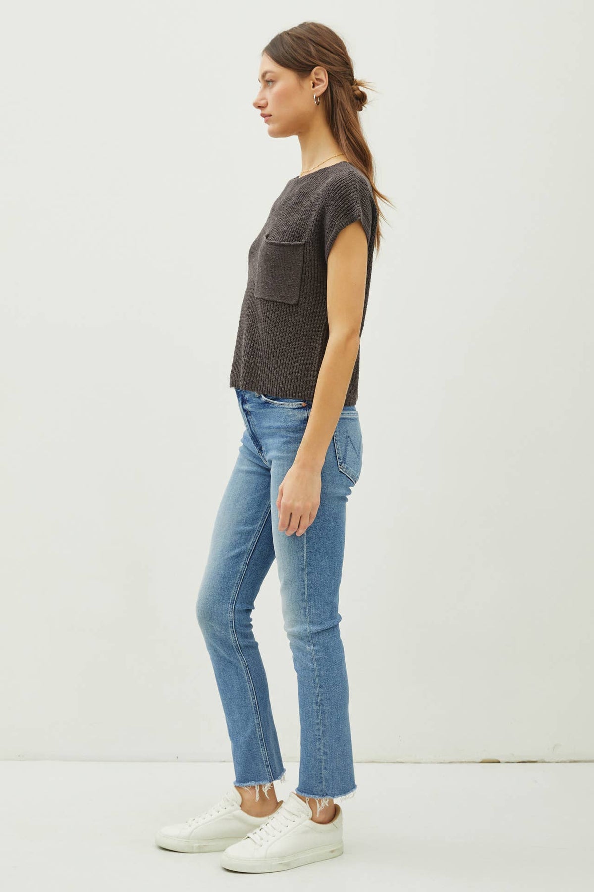 POCKET DOLMAN CAP SLEEVE BOXY KNIT